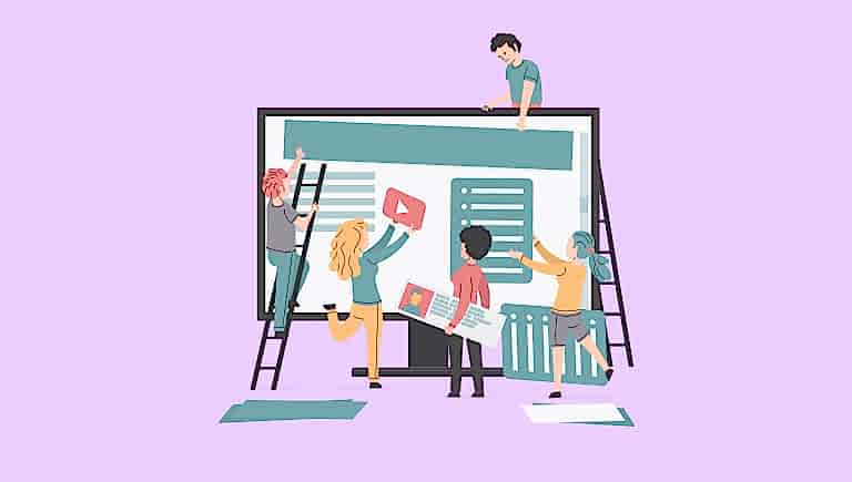 a team of illustrated people working together to put a website together that links to a youtube page